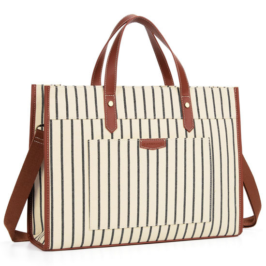 Picture of Missnine Laptop Tote Bag Canvas Laptop Bag 15.6 inch Work Shoulder Bags Casual Briefcase Handbag for Travel, Office, College (Stripe)