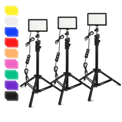 Picture of 3 Packs 70 LED Video Light with Adjustable Tripod Stand/Color Filters, Obeamiu 5600K USB Studio Lighting Kit for Tablet/Low Angle Shooting, Collection Portrait YouTube Photography