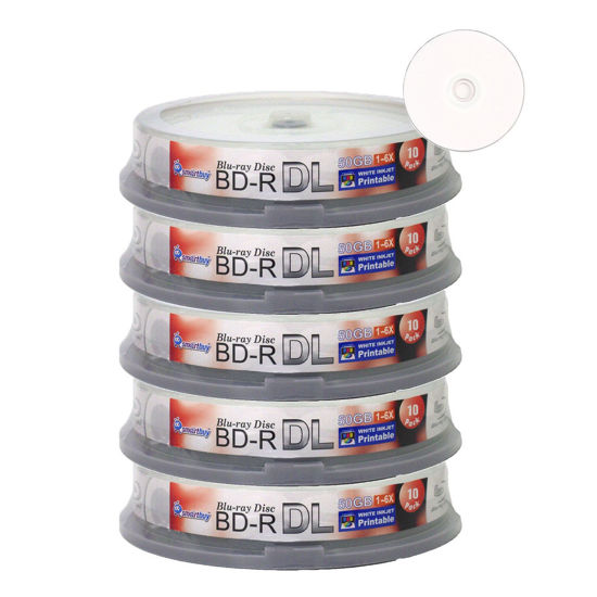 Picture of Smartbuy 50-disc 50gb 6X Blu-ray Bd-r Dl Dual Layer Double Layer White Inkjet Hub Printable Blank Data Video Recordable Media Disc with Cakebox/Spindle Packing