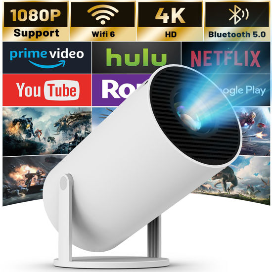 Picture of Mini Projector with WIFI 6 and Bluetooth, 4K 1080P Support Portable Projector 180° Rotatable 130'' Screen Movie Projector Auto Keystone Compatible for Laptop, PC, Smartphone (White)
