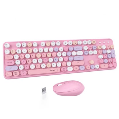 Picture of UBOTIE Colorful Computer Wireless Keyboard Mice Combo, Retro Typewriter Flexible Keys Office Full-Sized Keyboard, 2.4GHz Dropout-Free Connection and Optical Mouse (Pink-Colorful)