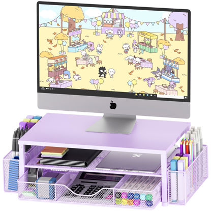 Picture of OPNICE Desk Organizers and Accessories, 2-Tier Computer Monitor Stand for Desk Organizer with Drawer and 2 Pen Holders, Office Desk Accessories Workspace Desktop Organizers for Office Supplies, Purple