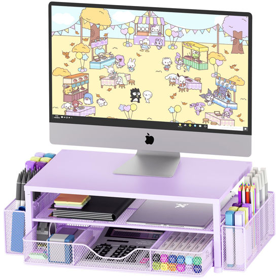 Picture of OPNICE Desk Organizers and Accessories, 2-Tier Computer Monitor Stand for Desk Organizer with Drawer and 2 Pen Holders, Office Desk Accessories Workspace Desktop Organizers for Office Supplies, Purple