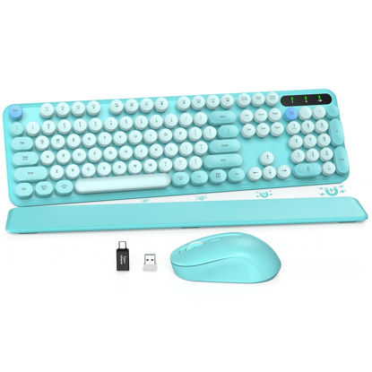 Picture of Wireless Keyboard and Mouse Combo, Colorful Keyboard with Round Keycaps, Full-Size Retro Typewriter Keyboard with Detachable Wrist Rest, 2.4GHz Cordless Connection for Mac/Windows/PC (Robin Egg Blue)