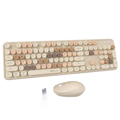 Picture of UBOTIE Colorful Computer Wireless Keyboards Mouse Combos, Typewriter Flexible Keys Office Full-Sized Keyboard, 2.4GHz Dropout-Free Connection and Optical Mouse (Milk Tea -Colorful)