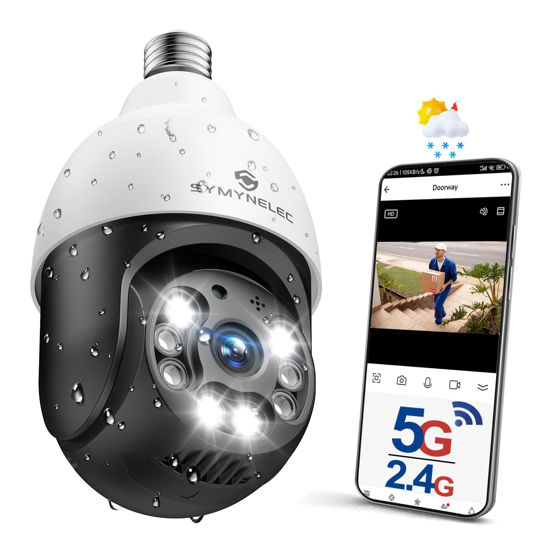 Picture of SYMYNELEC 5GHz/2.4GHz Light Bulb Security Camera Outdoor Waterproof 2.5K, Dual-Band WiFi Light Socket Security Camera with AI Human Motion Detection Tracking 4MP Color Night Vision Siren Alarm Alexa