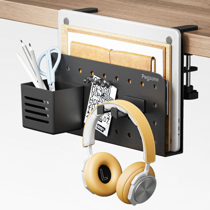 Picture of PEGZONE Desk Side Storage Organizer, No Drill Under Desk Laptop Holder, Clamp on Desk Shelf with Pegboard Accessories, Hanging Laptop Mount, Fits Flat Edge Desks 0.4" to 2.2", Black