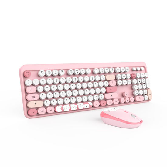 Picture of Wireless Keyboard,KOOTOP Cute Colorful 104 Keys Typewriter Retro Round Keycaps Keyboard for PC Laptop,Desktop,Windows, Home and Office Keyboards (Pink)