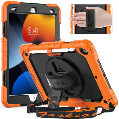 Picture of Timecity Case for iPad 9th/ 8th/ 7th Generation 10.2 inch (Case for iPad 9/8/ 7 Gen): with Strong Protection, Screen Protector, Hand/Shoulder Strap, Rotating Stand, Pencil Holder - Orange
