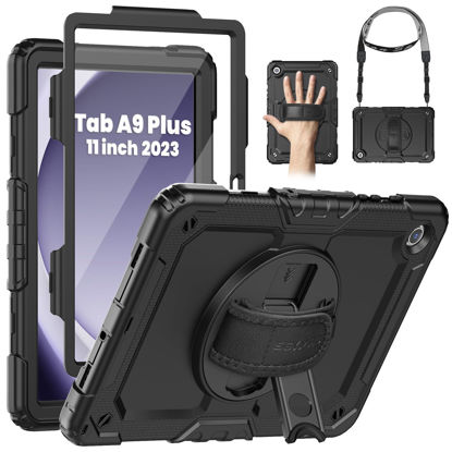 Picture of SEYMAC Case for Samsung Galaxy Tab A9+/ A9 Plus Case 11" 2023 (SM-X210/X216/X218), Heavy Duty Shockproof Protective Case with Screen Protector, Rotating Stand and Hand/Shoulder Strap, Black