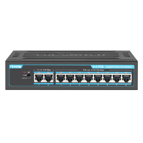 Picture of TEROW 10-Port Gigabit PoE Network Switch: Featuring 8 PoE+ 2 Uplink Ports, 802.3af/at Compliant, Plug & Play, with Shielded Ports, Traffic Optimization, and Silent Fanless Design