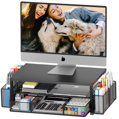Picture of OPNICE Desk Organizers and Accessories, 2-Tier Computer Monitor Stand for Desk Organizer with Drawer and 2 Pen Holders, Office Desk Accessories Workspace Desktop Organizers for Office Supplies, Black