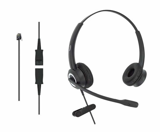 Picture of Office Phone Headset HD Voice for Aastra Avaya Allworx AltiGen Digium IPitomy Telephones, RJ9 & 3.5mm Adapter Cable (Binaural)
