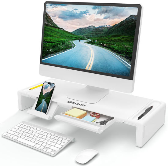 Picture of OImaster Monitor Stand Riser, Foldable Computer Monitor Riser, Adjustable Length Computer Stand and Storage Drawer & Pen Slot, Phone Stand Compatible Computer, Desktop, Laptop, Save Space (White)