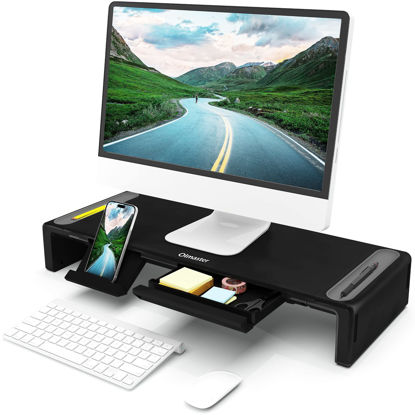Picture of OImaster Monitor Stand Riser, Foldable Computer Monitor Riser, Adjustable Length Computer Stand and Storage Drawer & Pen Slot, Phone Stand Compatible Computer, Desktop, Laptop, Save Space (Black)
