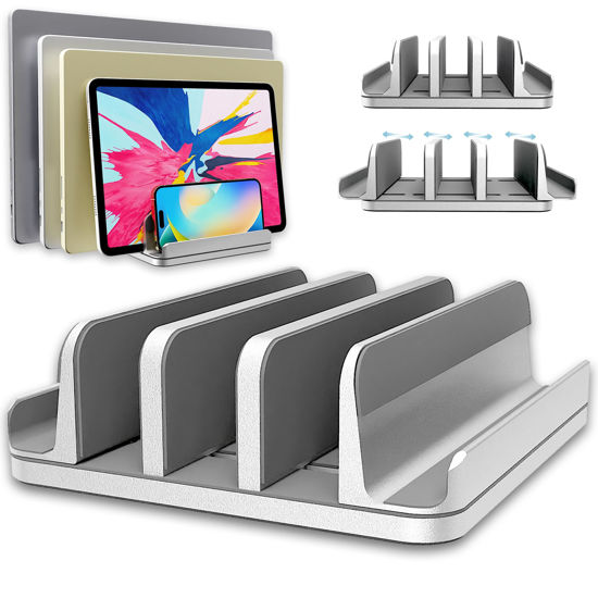 Picture of TEFONIA Adjustable Laptop Stand, 5 Slots, Aluminum Space-Saving, for Apple MacBook/Surface/Galaxy/Tablet/iPad/iPhone, Silver