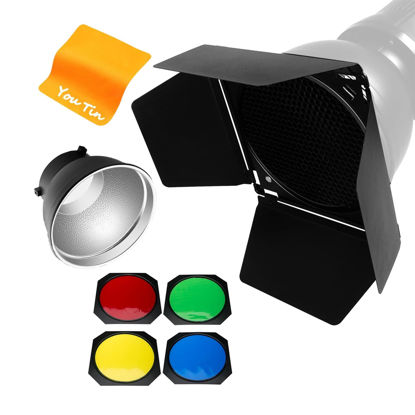 Picture of Godox BD-04 Barn Door Barndoor with Honeycomb Grid and 4 Color Gel Filters + 7 inch Bowens Mount Standard Reflector Light Modifier
