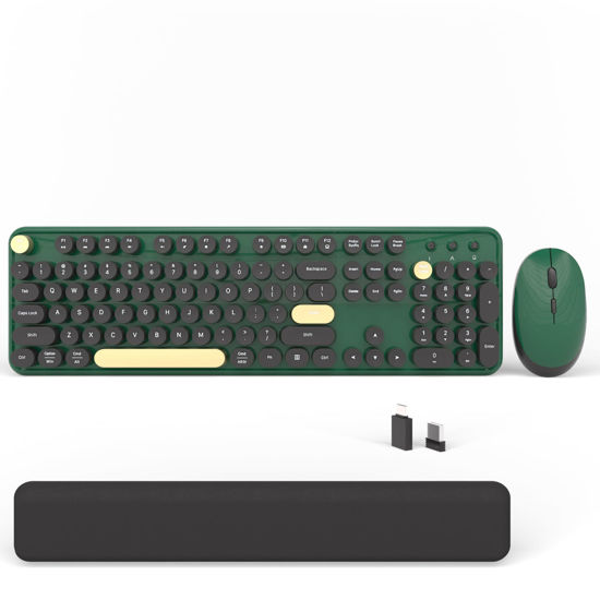 Picture of Wireless Computer Keyboards Mouse Combos, COVEVA Colorful Typewriter Retro Keyboard with Round Keycaps, USB Keyboard and Mouse Set 2.4GHz Full-Size Wireless Keyboard and Optical Mouse（Dark Green）