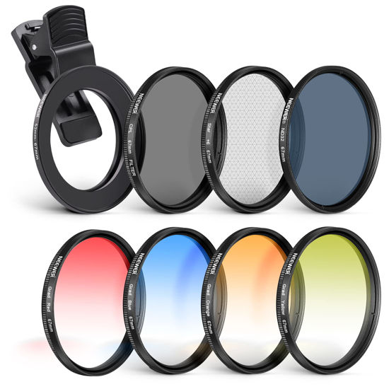 Picture of NEEWER 67 mm ND+CPL + Effect Filter Set with Mobile Phone Lens Clamp, Polarising Filter ND32, 6 Point Star Filter 4 Graduated Colour Filters Compatible with iPhone 14 Pro Max 13 12 11 X Xs Samsung