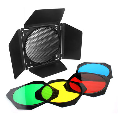 Picture of Fotoconic BD-04 Barn Door Barndoor with Honeycomb Grid and 4 Color Gel Filters (Red Yellow Blue Green) for 7 Inch Standard Reflector