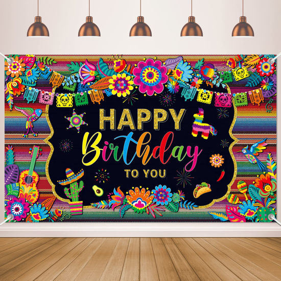 Picture of Mexican Fiesta Themed Happy Birthday Backdrop Mexico Cinco De Mayo Party Decorations Fiesta Banner Carnival Supplies Photo Booth Background