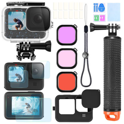 Picture of OctinPris Accessories Kit for Gopro Hero 12 11 10 9 Waterproof Housing Case Underwater Float Handle Silicone Sleeve Lens Cap Tempered Glass Screen Protectors Dive Filters Anti-Fog Inserts Bundle Set