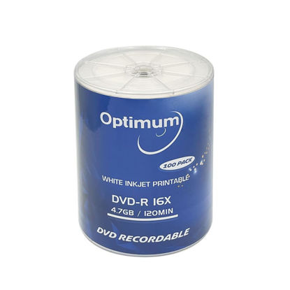 Picture of OPTIMUM DVD-R Blank Disc 4.7GB 16x Moisture Resistant White Inkjet Hub Printable Recordable Media - 100 Pack (no Container) Blank DVD Discs