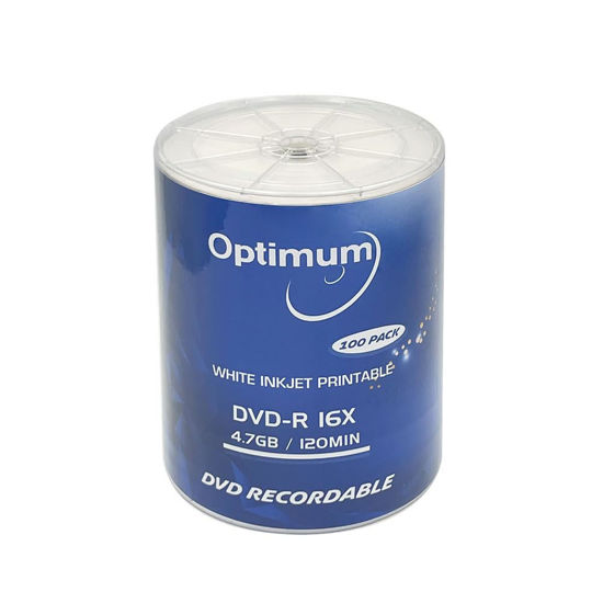 Picture of OPTIMUM DVD-R Blank Disc 4.7GB 16x Moisture Resistant White Inkjet Hub Printable Recordable Media - 100 Pack (no Container) Blank DVD Discs