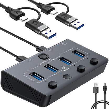 Picture of USB Switch, USB Switcher 2 Computers with 2 in 1 A/C Dual-Headed Braided Cable, Individual Switch and Light USB KVM Switch for Laptop, PC, MacBook, Keyboard, Mouse, Printer Scanner and More