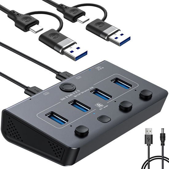 Picture of USB Switch, USB Switcher 2 Computers with 2 in 1 A/C Dual-Headed Braided Cable, Individual Switch and Light USB KVM Switch for Laptop, PC, MacBook, Keyboard, Mouse, Printer Scanner and More