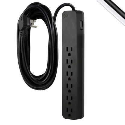 Picture of GE 6-Outlet Surge Protector, 20 Ft Extension Cord, Power Strip, 840 Joules, Flat Plug, UL Listed, Black, 62942