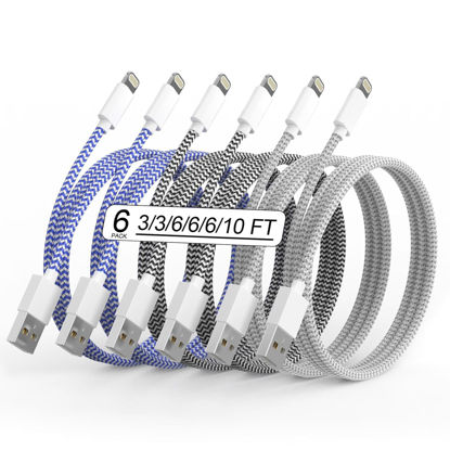 Picture of 6Pack(3/3/6/6/6/10FT)[Apple MFi Certified] iPhone Charger Lightning Cable Fast Charging iPhone Charger Cord Nylon Braided for iPhone14/13/12/11Pro Max/XS MAX/XR/XS/X/8/7Plus iPad AirPods