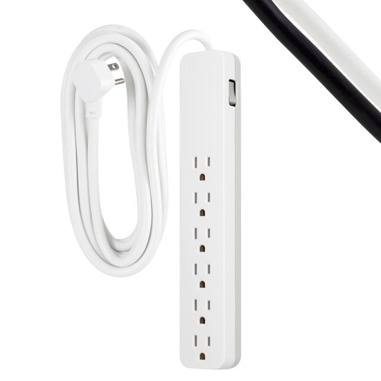 Picture of GE 6-Outlet Surge Protector, 15 Ft Extension Cord, Power Strip, 840 Joules, Flat Plug, UL Listed, White, 62936