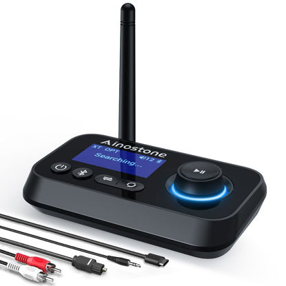 Picture of Ainostone Bluetooth Transmitter Receiver 3-in-1 Bluetooth 5.0 Audio Adapter for 2 Headphones with Bypass Volume Control ON/Off Switch LCD Display 3.5mm Aux/Optical/RCA for Home Stereo TV Speaker PC