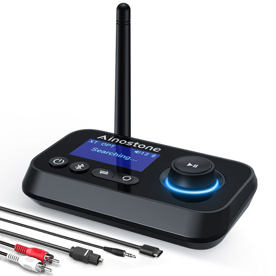 Picture of Ainostone Bluetooth Transmitter Receiver 3-in-1 Bluetooth 5.0 Audio Adapter for 2 Headphones with Bypass Volume Control ON/Off Switch LCD Display 3.5mm Aux/Optical/RCA for Home Stereo TV Speaker PC
