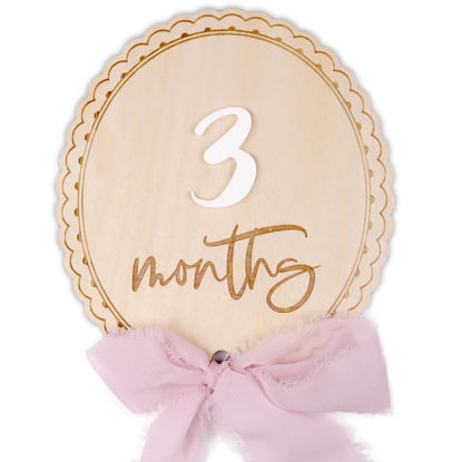 Picture of Baby Monthly Milestone, Wooden Baby Milestone Signs, Monthly Milestone Wood Discs, Baby Milestone Discs, Baby Photo Props Cards Interchangeable Number Set of 12 for Baby Growth Recording (Ribbon)