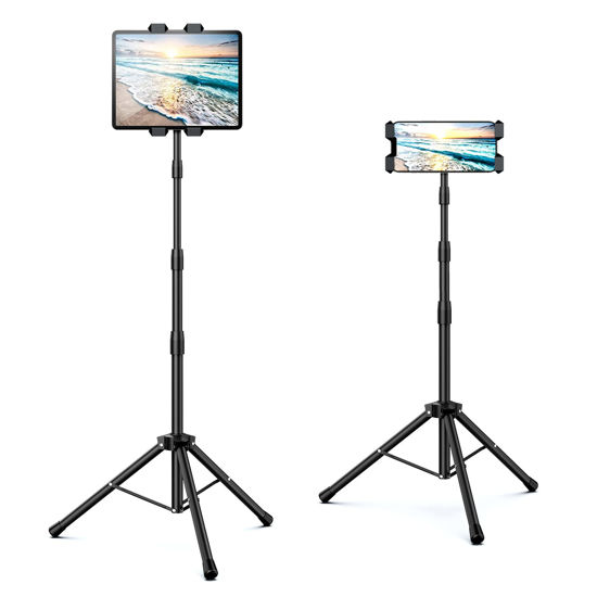 Picture of Raking Ipad Stand Floor, Ipad Tripod Stand Cellphone Stand with Height Adjustable Tablet Tripod Mount with 360° Rotating for Ipad pro 12.9, Ipad air Mini and 5.5"-12.9" Cellphone Tablet
