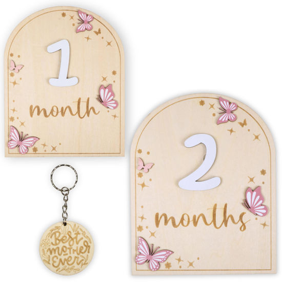 Picture of Monthly Baby Milestone Wooden Circle - Baby Monthly Milestone Sign - Months Baby Milestone Signs Cards - Newborn Gift for Girl and Boy - 1-12 Months (Butterfly)
