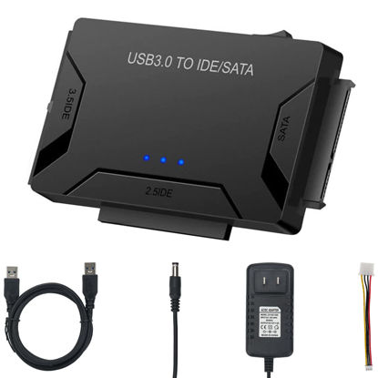 Picture of USB 3.0 to IDE/SATA Hard Drive Adapter, External Converter for 2.5" 3.5" IDE SATA HDD SSD DVD Optical Drive, Universal Hard Drive Reader w/12V 2A Power Supply Support 6TB