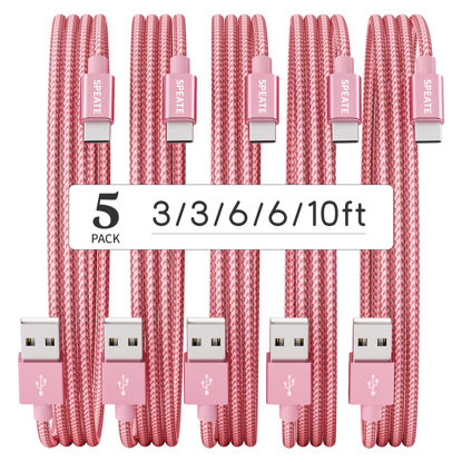 Picture of SPEATE USB C Cable, Premium Nylon Braided USB A to Type C Charger Cable [5-Pack, 3/3/6/6/10FT], Pink USB C Fast Charger Cable for iPhone 15 / iPad, Galaxy S/Note/A, Google Pixel and More