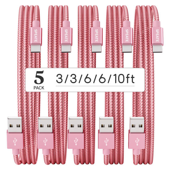 Picture of SPEATE USB C Cable, Premium Nylon Braided USB A to Type C Charger Cable [5-Pack, 3/3/6/6/10FT], Pink USB C Fast Charger Cable for iPhone 15 / iPad, Galaxy S/Note/A, Google Pixel and More