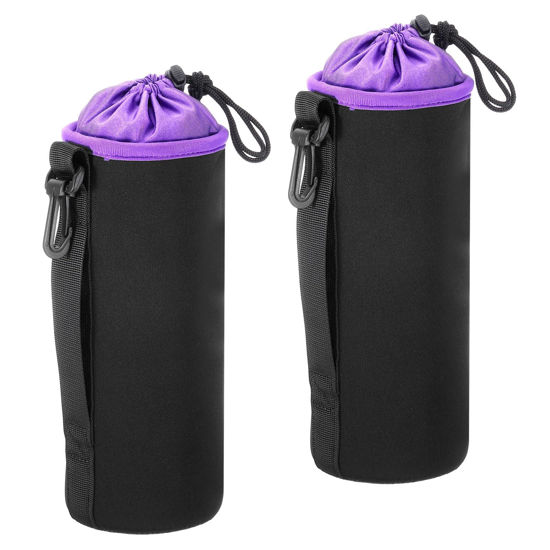 Picture of PATIKIL Camera Lens Bag, 2 Pcs 3.9" IDx9.8 H Drawstring Lens Pouch with Thick Protective Neoprene, Lens Case for DSLR Camera Lens, Water Coffee Cups, Black, Purple