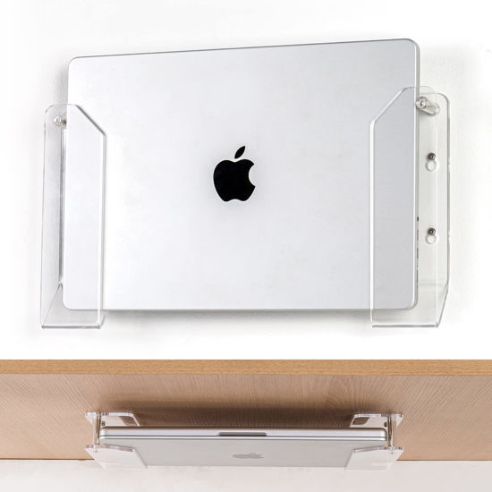 Picture of SIPRDE Wall Mount Laptop Holder - Also Available as an Under Desk Laptop Mount, Clear Acrylic, with Adhesive & Screw, for Macbooks, Surface, Keyboards, Switch, Tablets & More