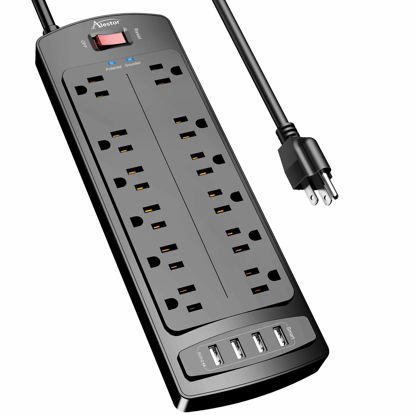 Picture of Power Strip, ALESTOR Surge Protector with 12 Outlets and 4 USB Ports, 6 Feet Extension Cord (1875W/15A), 2700 Joules, ETL Listed, Black