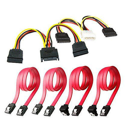 Picture of Qook SSD/SATA III Hard Drive Connection Cables (1x 4 Pin to Dual 15 Pin SATA Power Splitter Cable, 1x 15 Pin to Dual 15 Pin SATA Power Splitter Cable, 4X SATA Data Cables), 6 Pack