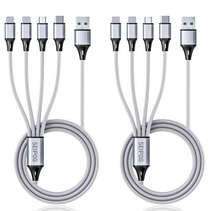 Picture of Multi Charging Cable, USB Cable 3A 4FT Nylon Braided Universal 4in1 Charger Adapter Type-C/Micro Port, Compatible with Cell Phones and More (Silver, 2Pack)