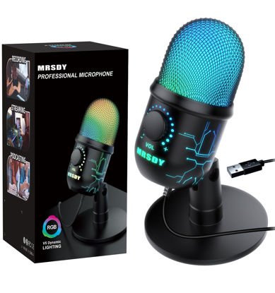 Picture of MRSDY Gaming Microphone, USB Computer Microphone for PC, Mac, PS4/5, Condenser Podcast Mic for Studio Recording, YouTube, Streaming, with Headphone Jack, Led Light, Mute, Gain, Noise Cancellation