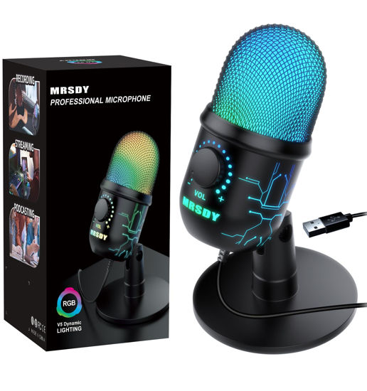 Picture of MRSDY Gaming Microphone, USB Computer Microphone for PC, Mac, PS4/5, Condenser Podcast Mic for Studio Recording, YouTube, Streaming, with Headphone Jack, Led Light, Mute, Gain, Noise Cancellation