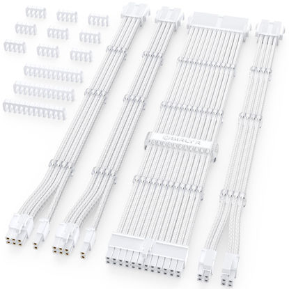 Picture of Sirlyr PSU Cable Extension Kit,Bright White Sleeved PC Cables Extensions Mod,24Pin ATX x1 8Pin EPS x1 8 Pin PCI-E x2,Gold-Plated Pins for GPU Power Supply with Pre-Install Cable Combs,4 Kits