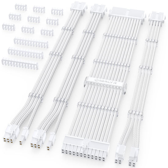 Picture of Sirlyr PSU Cable Extension Kit,Bright White Sleeved PC Cables Extensions Mod,24Pin ATX x1 8Pin EPS x1 8 Pin PCI-E x2,Gold-Plated Pins for GPU Power Supply with Pre-Install Cable Combs,4 Kits